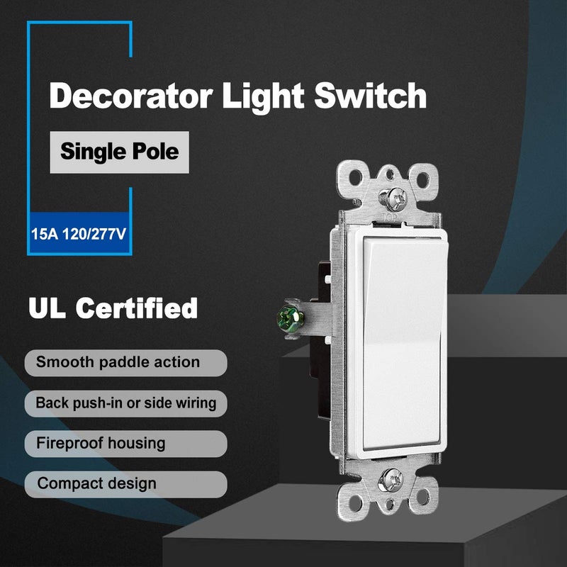 CML Hardware (50 Pack) Cml Decorator Wall Light Switch, Single Pole Switch, 15A 120/277V, 3-Year Warranty, White - Image 2